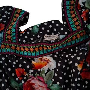 Johnny Was Workshop Floral Polka Dot Boho Top Embroidered Blouse Womens L Black
